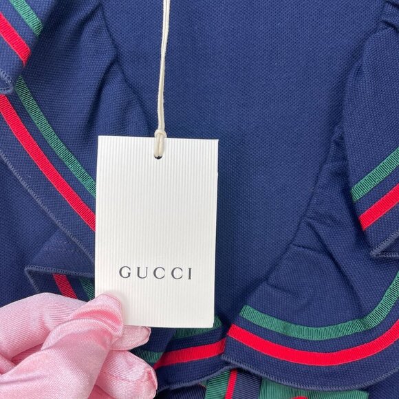 NWT Gucci kids ruffled dress with bow navy blue red green size 10 - Picture 9 of 12